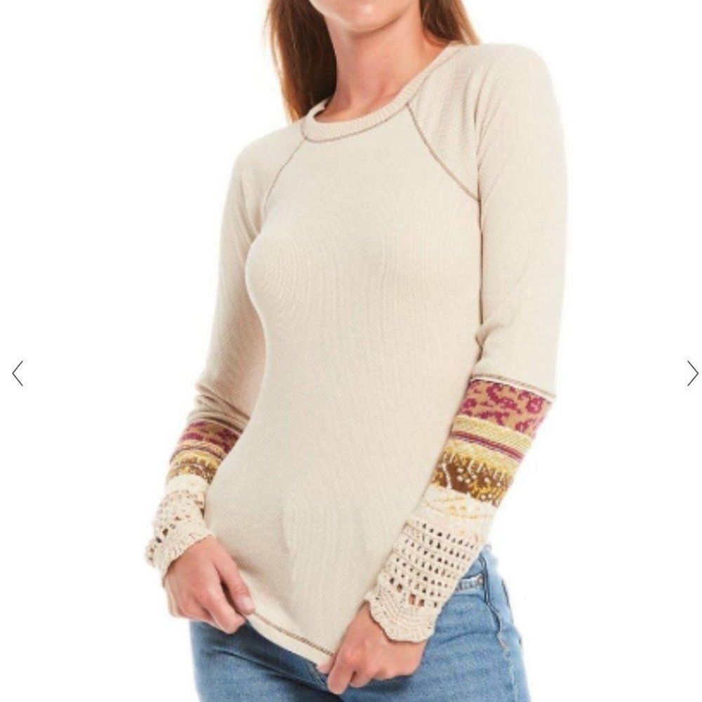 NWT Free People Thermal Top In The Mix Jacquard Cuff Blouse Womens XS